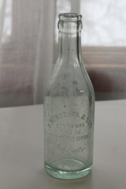 photo of old advertising bottle embossed Henschel - Kiel Wisconsin, sea glass blue #1