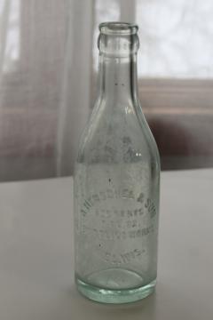 old advertising bottle embossed Henschel - Kiel Wisconsin, sea glass blue