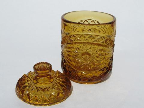 photo of old amber biscuit or sugar jar, vintage fan pattern pressed glass #2