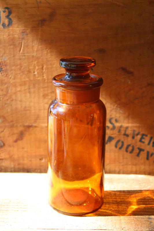 photo of old amber brown glass medicine bottle w/ glass stopper, drugstore pharmacy apothecary bottle #1