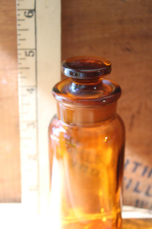 photo of old amber brown glass medicine bottle w/ glass stopper, drugstore pharmacy apothecary bottle #4