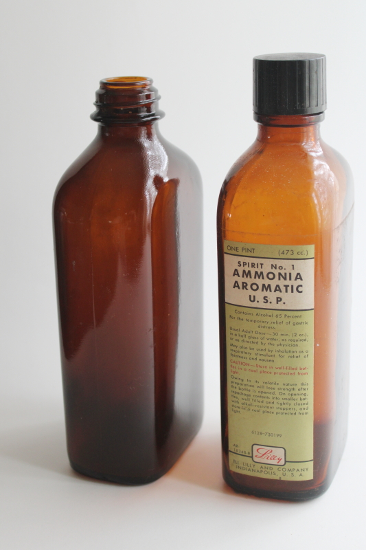 photo of old amber brown glass pharmacy bottles, drugstore medicine bottle w/ label Ammonia Aromatic  #1