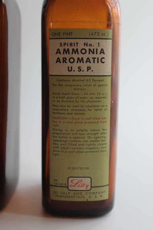 photo of old amber brown glass pharmacy bottles, drugstore medicine bottle w/ label Ammonia Aromatic  #2