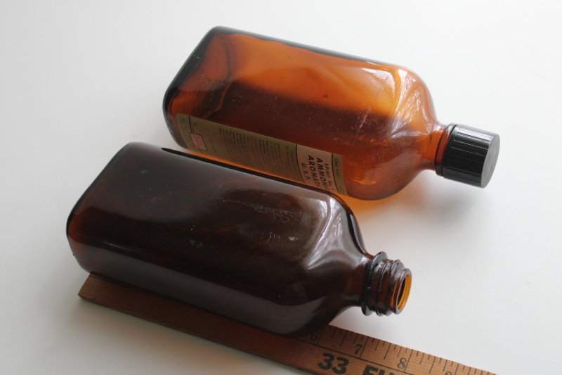 photo of old amber brown glass pharmacy bottles, drugstore medicine bottle w/ label Ammonia Aromatic  #6