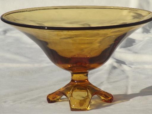 photo of old amber glass compote bowl, three toed footed bowl w/ art deco shape #1