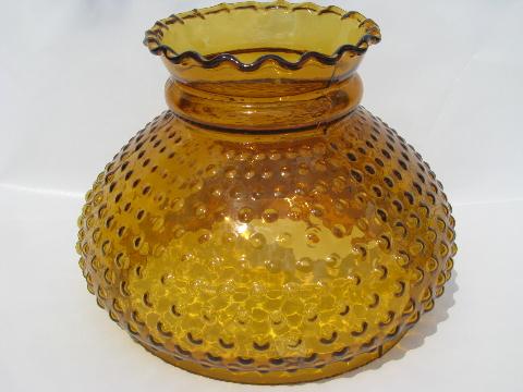 photo of old amber glass student table lamp light shade, hobnail pattern, vintage fenton #1