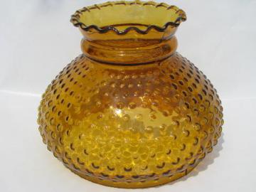 catalog photo of old amber glass student table lamp light shade, hobnail pattern, vintage fenton