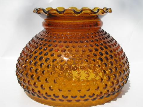 photo of old amber glass student table lamp light shade, hobnail pattern, vintage fenton #1