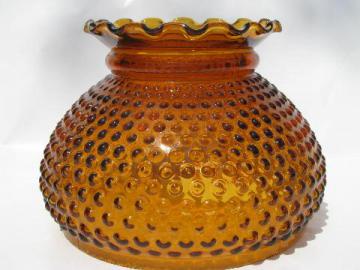 catalog photo of old amber glass student table lamp light shade, hobnail pattern, vintage fenton