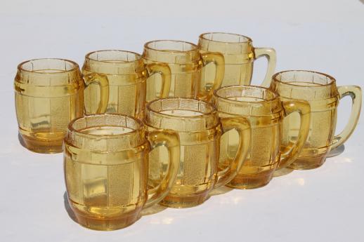 photo of old amber glass whiskey barrel shot glasses set, beer barrels mini mugs set of 8 #1