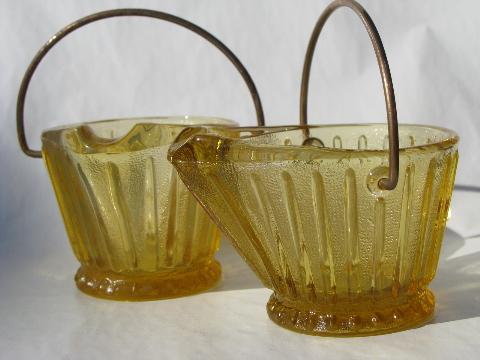 photo of old amber pressed glass match holders, small coal scuttle buckets #1