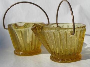 catalog photo of old amber pressed glass match holders, small coal scuttle buckets