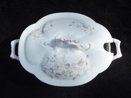 photo of old antique Austria china covered soup tureen, lavender transferware flowers #3