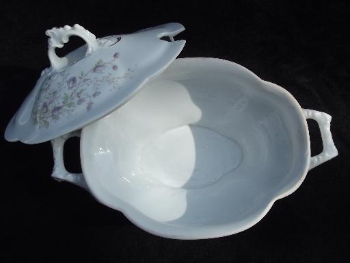 photo of old antique Austria china covered soup tureen, lavender transferware flowers #4