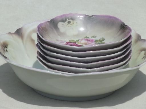 photo of old antique Bavaria china berry bowls set w/ cabbage roses floral #1