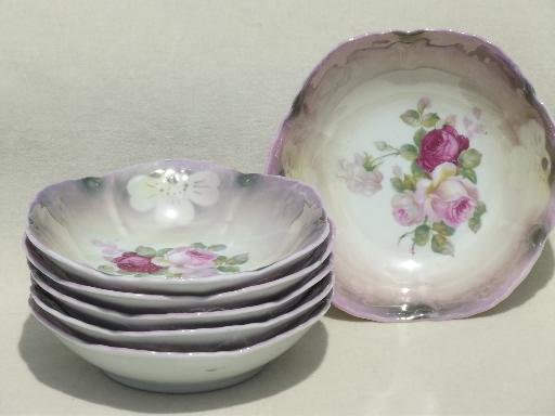 photo of old antique Bavaria china berry bowls set w/ cabbage roses floral #5