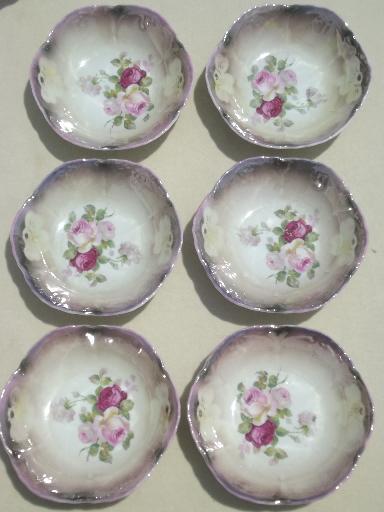 photo of old antique Bavaria china berry bowls set w/ cabbage roses floral #6