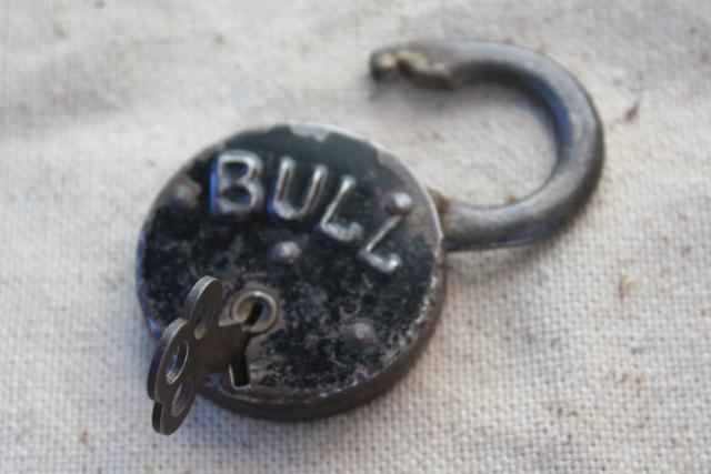 photo of old antique Bull Eagle padlock w/ working key, 1800s vintage lock #1