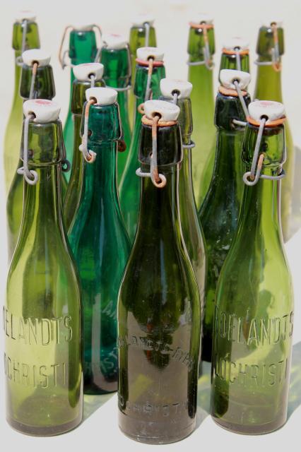 photo of old antique Dutch beer or seltzer water bar bottles, green glass w/ porcelain wire bail lids #1