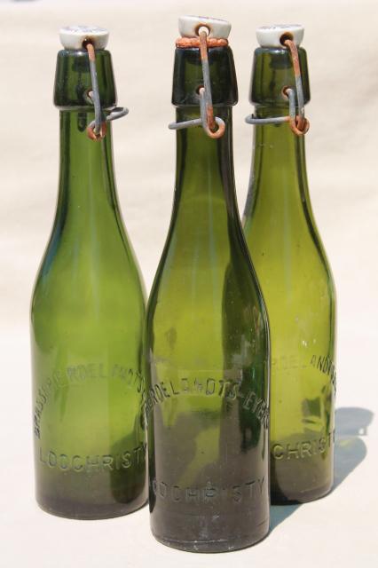 photo of old antique Dutch beer or seltzer water bar bottles, green glass w/ porcelain wire bail lids #3