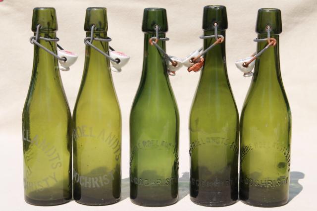 photo of old antique Dutch beer or seltzer water bar bottles, green glass w/ porcelain wire bail lids #4