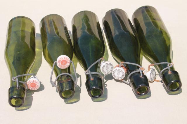 photo of old antique Dutch beer or seltzer water bar bottles, green glass w/ porcelain wire bail lids #5