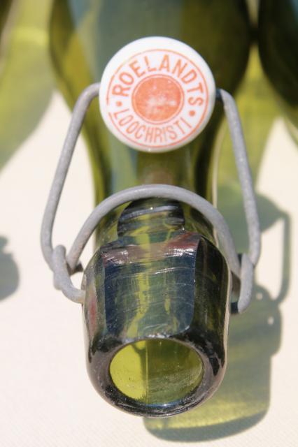 photo of old antique Dutch beer or seltzer water bar bottles, green glass w/ porcelain wire bail lids #6