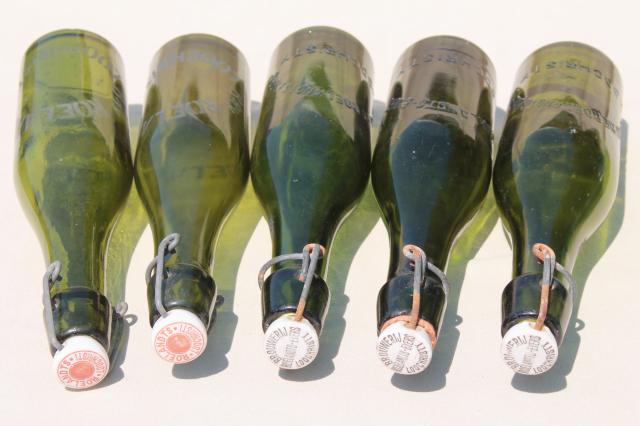 photo of old antique Dutch beer or seltzer water bar bottles, green glass w/ porcelain wire bail lids #7