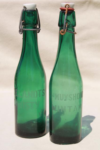 photo of old antique Dutch beer or seltzer water bar bottles, green glass w/ porcelain wire bail lids #9