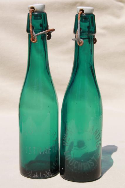 photo of old antique Dutch beer or seltzer water bar bottles, green glass w/ porcelain wire bail lids #10