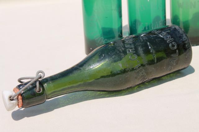 photo of old antique Dutch beer or seltzer water bar bottles, green glass w/ porcelain wire bail lids #11