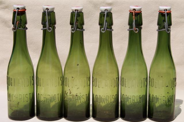 photo of old antique Dutch beer or seltzer water bar bottles, green glass w/ porcelain wire bail lids #12