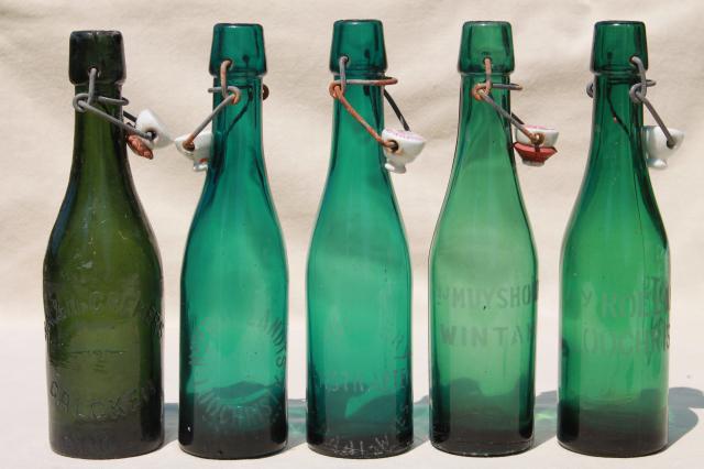 photo of old antique Dutch beer or seltzer water bar bottles, green glass w/ porcelain wire bail lids #13