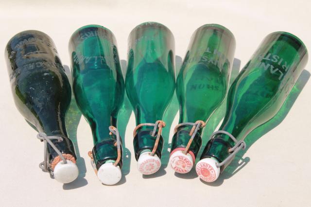 photo of old antique Dutch beer or seltzer water bar bottles, green glass w/ porcelain wire bail lids #14