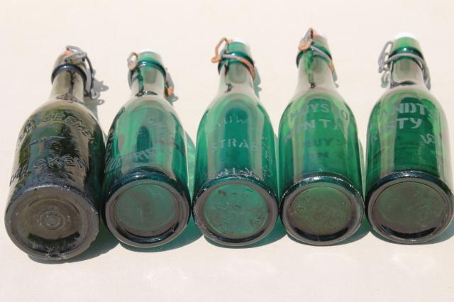 photo of old antique Dutch beer or seltzer water bar bottles, green glass w/ porcelain wire bail lids #15