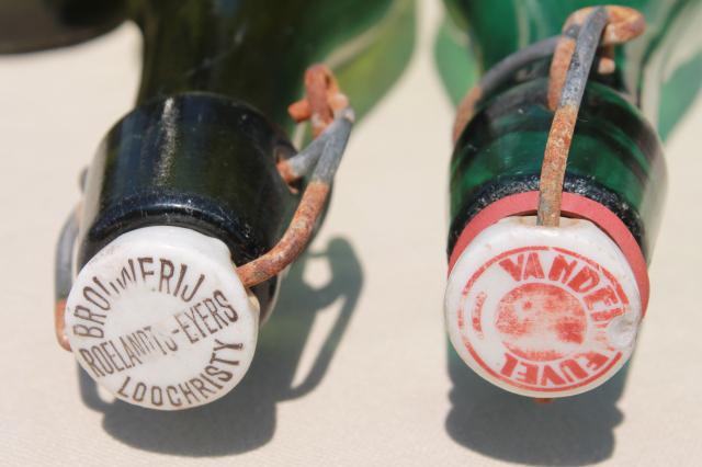 photo of old antique Dutch beer or seltzer water bar bottles, green glass w/ porcelain wire bail lids #16