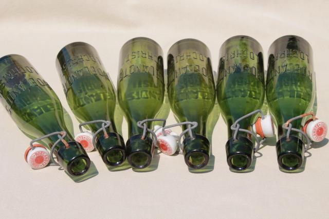 photo of old antique Dutch beer or seltzer water bar bottles, green glass w/ porcelain wire bail lids #19