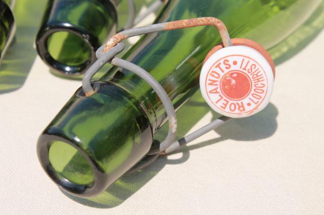 photo of old antique Dutch beer or seltzer water bar bottles, green glass w/ porcelain wire bail lids #20