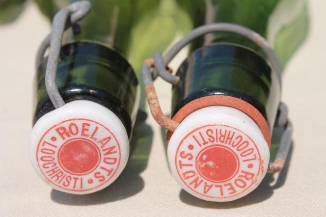 photo of old antique Dutch beer or seltzer water bar bottles, green glass w/ porcelain wire bail lids #21