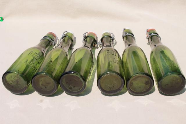 photo of old antique Dutch beer or seltzer water bar bottles, green glass w/ porcelain wire bail lids #22