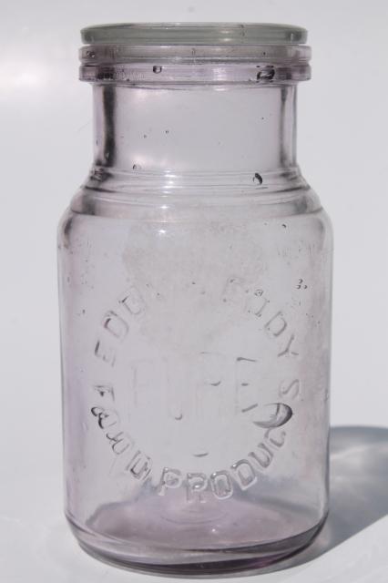 photo of old antique Eddy Pure Food Products embossed glass bottle w/ glass jar lid  #1