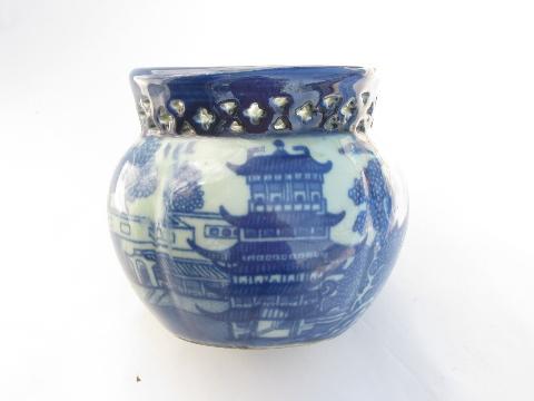 photo of old antique English delftware blue & white chinoiserie jardiniere #1