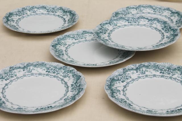 photo of old antique English transferware china dinner plates, embossed border blue Lucerne #1