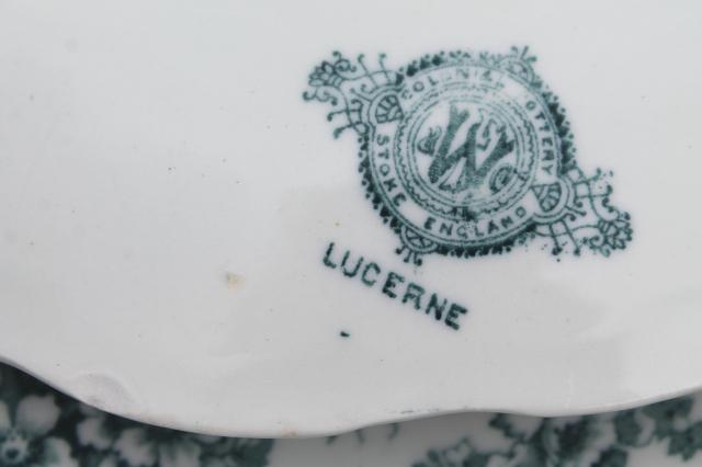 photo of old antique English transferware china dinner plates, embossed border blue Lucerne #3