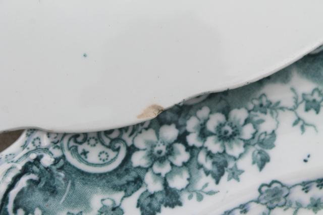 photo of old antique English transferware china dinner plates, embossed border blue Lucerne #4