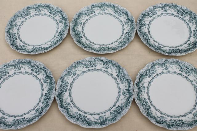 photo of old antique English transferware china dinner plates, embossed border blue Lucerne #6