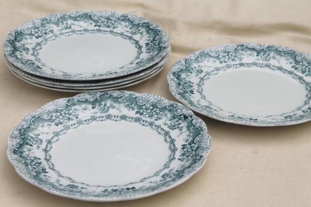 photo of old antique English transferware china dinner plates, embossed border blue Lucerne #7