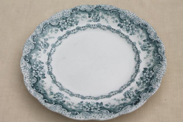 photo of old antique English transferware china dinner plates, embossed border blue Lucerne #8