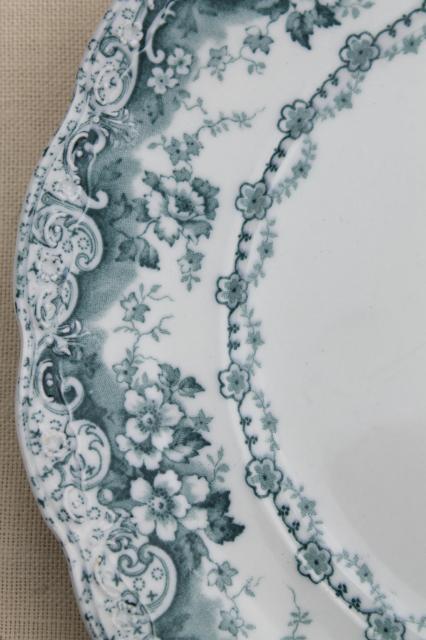 photo of old antique English transferware china dinner plates, embossed border blue Lucerne #9