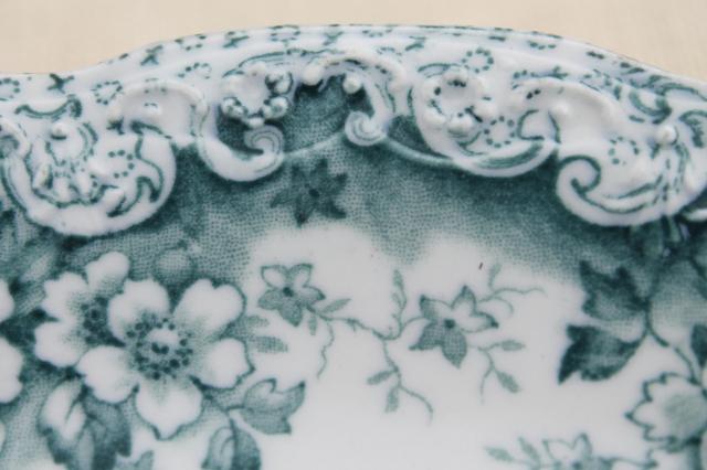 photo of old antique English transferware china dinner plates, embossed border blue Lucerne #10